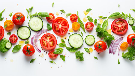 Different fresh vegetables on white background, top view. Vegetarian foodの素材