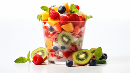 Fruit salad in a glass on a white background, close-upの素材