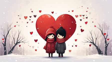 Valentine's day greeting card. Cute little girl and boy with big red heart on winter background. Vector illustration.の素材