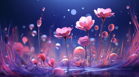 3d illustration of fantasy flowers in water with bokeh backgroundの素材