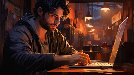 A young man working on a laptop at night in a cafe.の素材