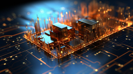 3d illustration of circuit board with microchips and city buildingsの素材