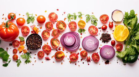 Fresh vegetables and spices on white background. Top view, flat layの素材