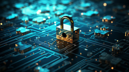 Padlock on circuit board background. Cyber security concept. 3D Renderingの素材