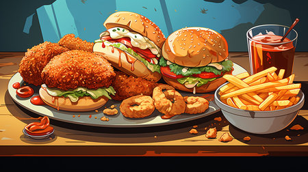 Fast food background with hamburgers, french fries and sauce illustrationの素材
