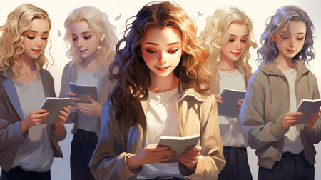Group of young women reading books. Education concept. 3D rendering.の素材