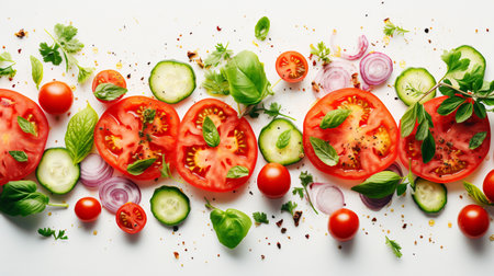 Sliced tomatoes, cucumbers, herbs and spices on white backgroundの素材