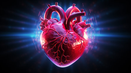 Human heart on black background. 3D illustration. 3D CG. High resolution.の素材