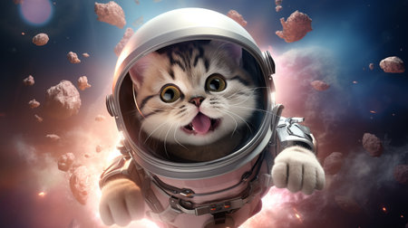 Cute cat astronaut in space suit. Mixed media. Mixed mediaの素材