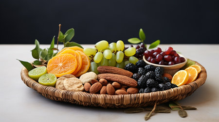 Healthy fruits and nuts in wicker basket on table, closeupの素材