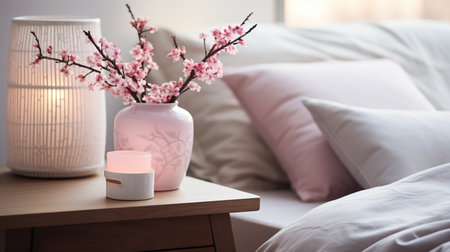 Vase with beautiful blossoming branches on bedside table in roomの素材