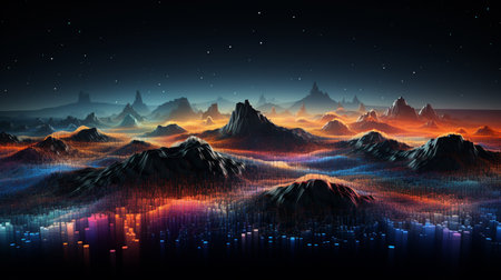 Fantasy alien planet. Mountain and lake. 3D illustration.の素材