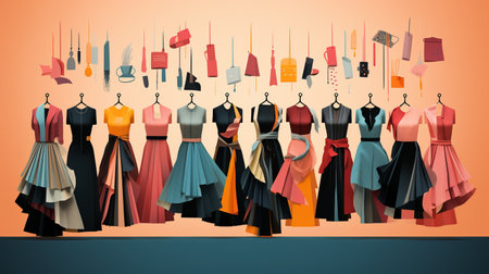 Fashionable clothes hanging on the wall in the store. Vector illustrationの素材