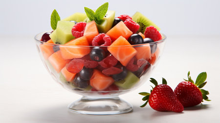 Fruit salad in a glass bowl with strawberries, raspberries, blueberries and kiwiの素材