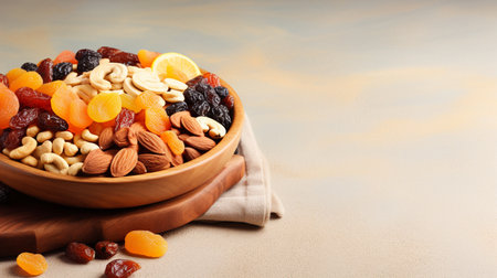 Bowl with tasty dried fruits and nuts on table, closeupの素材