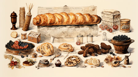 Bakery and pastry products. Vintage style. Hand drawn illustration.の素材