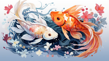 Koi fish swimming in the water with flowers. Vector illustration.の素材