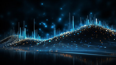 Futuristic technology wave background with glowing lines and bokehの素材