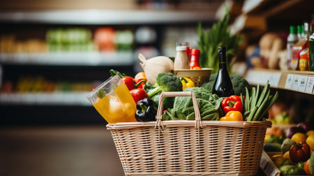 Basket full of fresh fruits and vegetables on shelf in grocery storeの素材