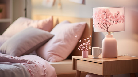 Beautiful pink flowers in vase on bedside table in roomの素材