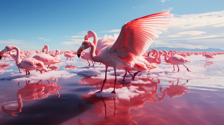 Flamingo in the salt lake at sunset. 3d illustrationの素材
