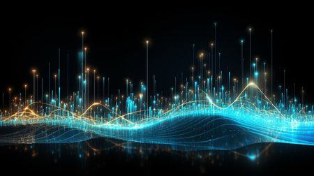 Futuristic technology wave background with glowing lines and bokehの素材