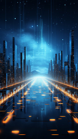 Futuristic city background with glowing lights. 3d rendering.の素材