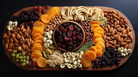 Assortment of dried fruits and nuts on wooden board, top viewの素材