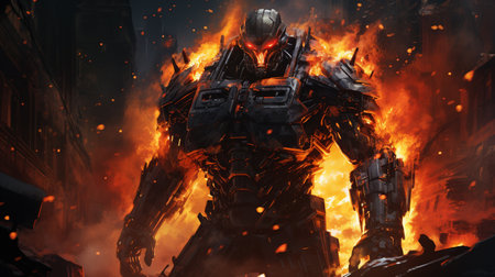 3D rendering of a futuristic robot in the fire and flames.の素材