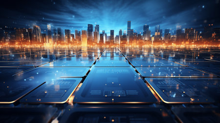 Smart city concept with glowing lights and buildings. 3D Renderingの素材