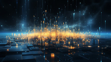 Futuristic technological background with glowing lines and dots. 3D Renderingの素材