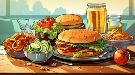 Illustration of a hamburger, fries and beer on a wooden tableの素材
