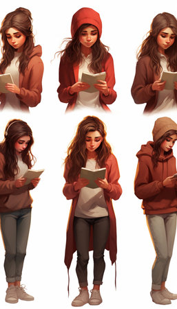 Collage of a young woman with long brown hair in a coat and hat reading a bookの素材