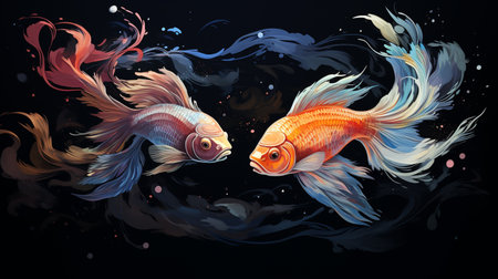 Two goldfish on a black background with water splashes. Vector illustration.の素材