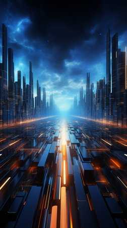 Futuristic city with high-rise buildings and high-rise buildingsの素材