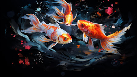 Goldfish in watercolor style. Colorful fish on black background.の素材