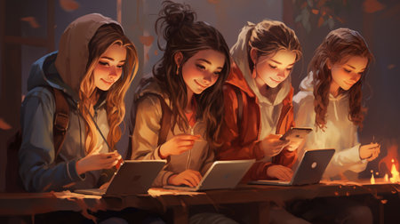 Group of teenage girls using digital devices in a dark room at nightの素材