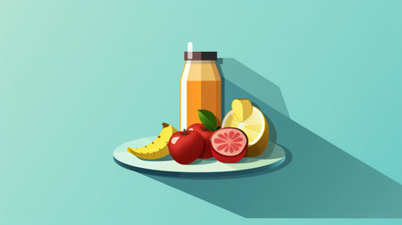 Fruit juice in a bottle on a plate. Vector illustration.の素材