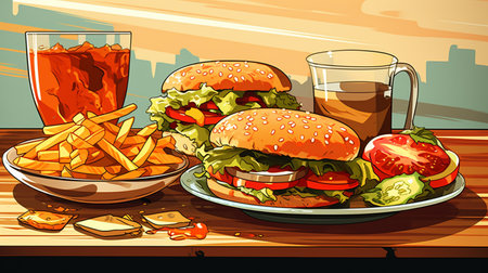 Vector illustration of a hamburger with fries and a cup of coffeeの素材