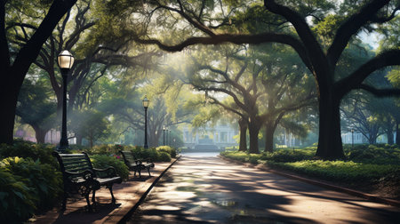 Beautiful old oak tree alley with bench in the public park.の素材