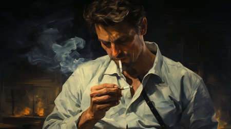 Portrait of a man smoking a cigarette on a dark background.の素材