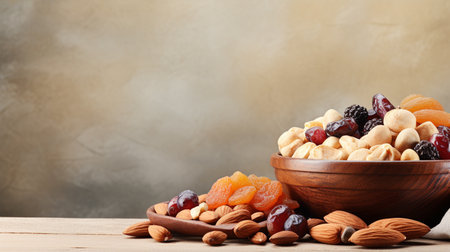 Mix of dried fruits and nuts in bowl on wooden table. Space for textの素材