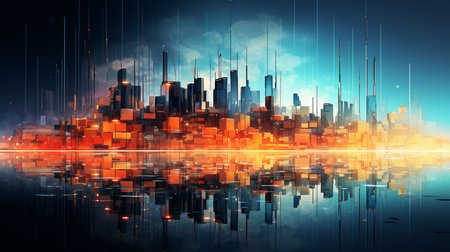 City skyline at night with reflection in water. 3d illustration.の素材