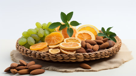 Mix of dried fruits and nuts in wicker basket on white backgroundの素材