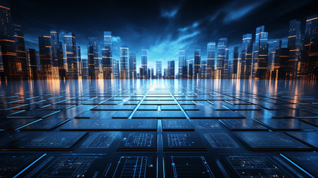 Futuristic city with futuristic digital interface. 3D Renderingの素材