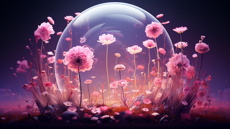 pink flowers in a crystal ball, 3d illustration, horizontalの素材