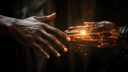 Close up of human hands touching with fingers glowing electric spark. Mixed mediaの素材
