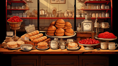 Illustration of a bakery shop with sweets, pastries and coffeeの素材