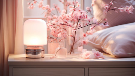 Stylish nightstand with aroma lamp and flowers on table in bedroomの素材