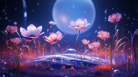 3d illustration of fantasy landscape with magic flower and moon. Fantasy background.の素材